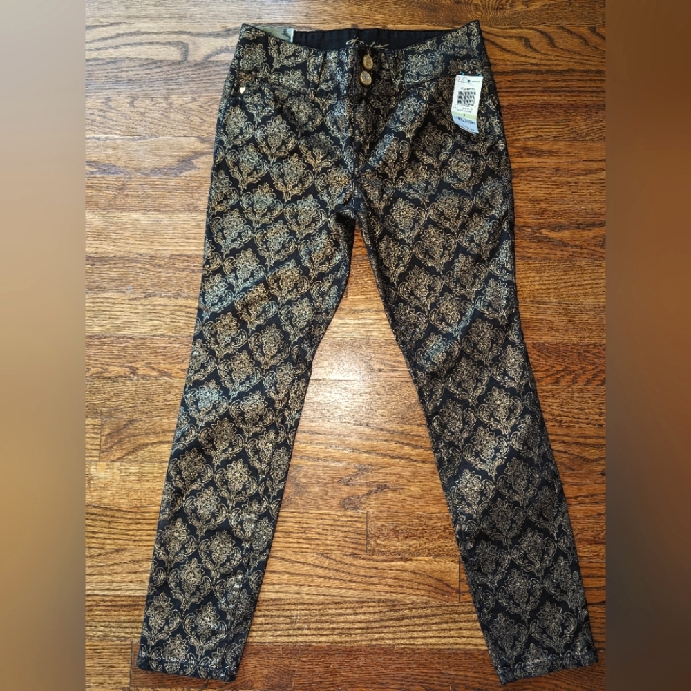 Thalia Sodi Deep Black Ankle Tobillo Skinny Leg gold foil embroidered Pants NWT